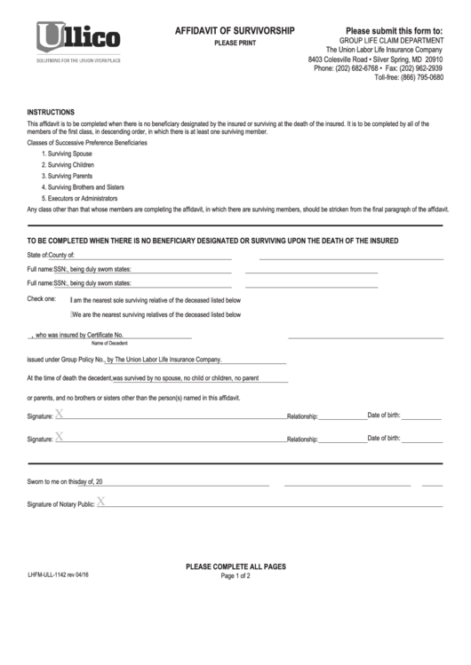 Form Lhfm-Ull-1142 - Affidavit Of Survivorship Printable pdf