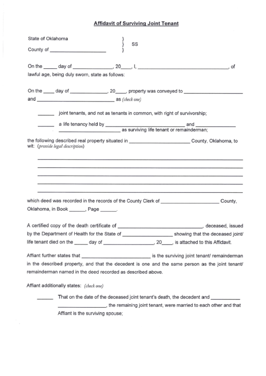 Aoc Form - Affidavit Of Surviving Joint Tenant Printable pdf