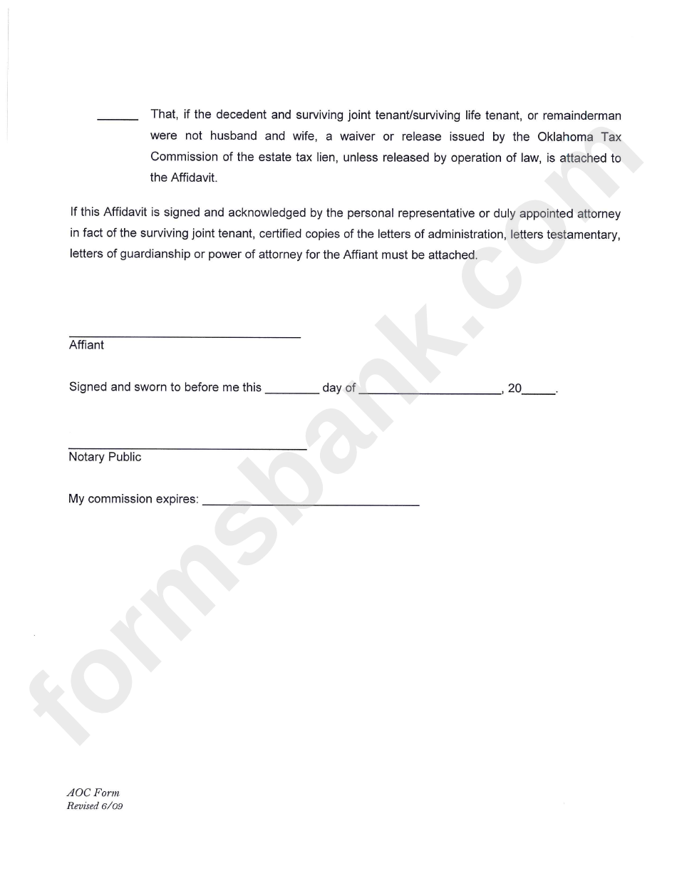 Aoc Form - Affidavit Of Surviving Joint Tenant