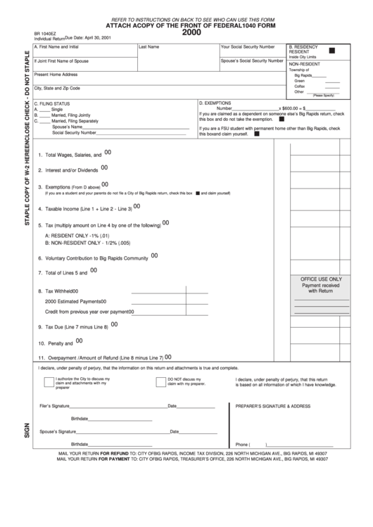 Form Br 1040ez - Individual Return - City Of Big Rapids - 2000 Printable pdf