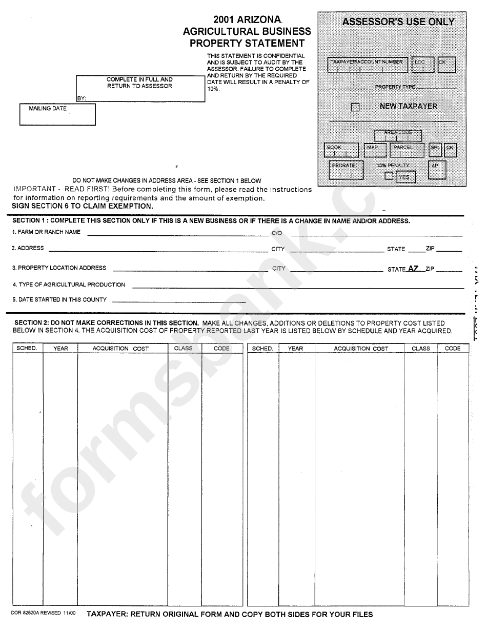 Form Dor 82520a - Arizona Agricultural Business Property Statement - 2001