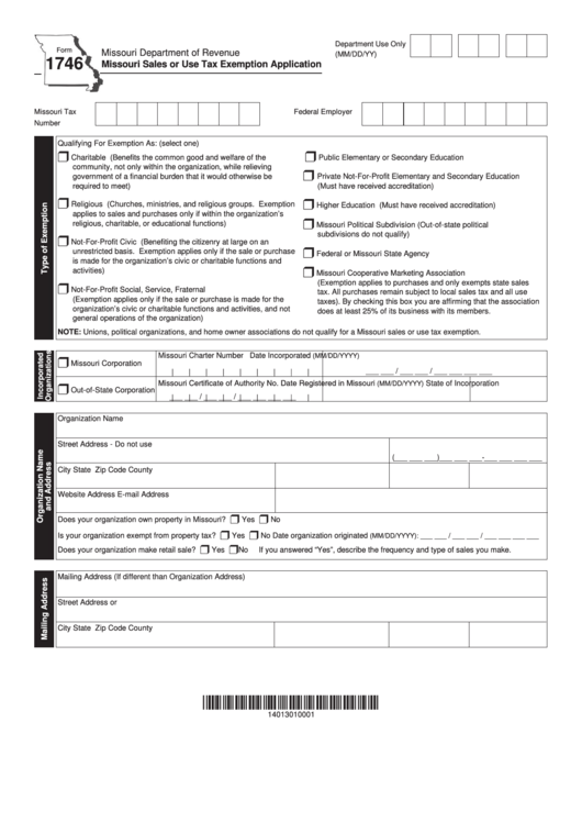 Form 1746 - Missouri Sales Or Use Tax Exemption Application - 2015