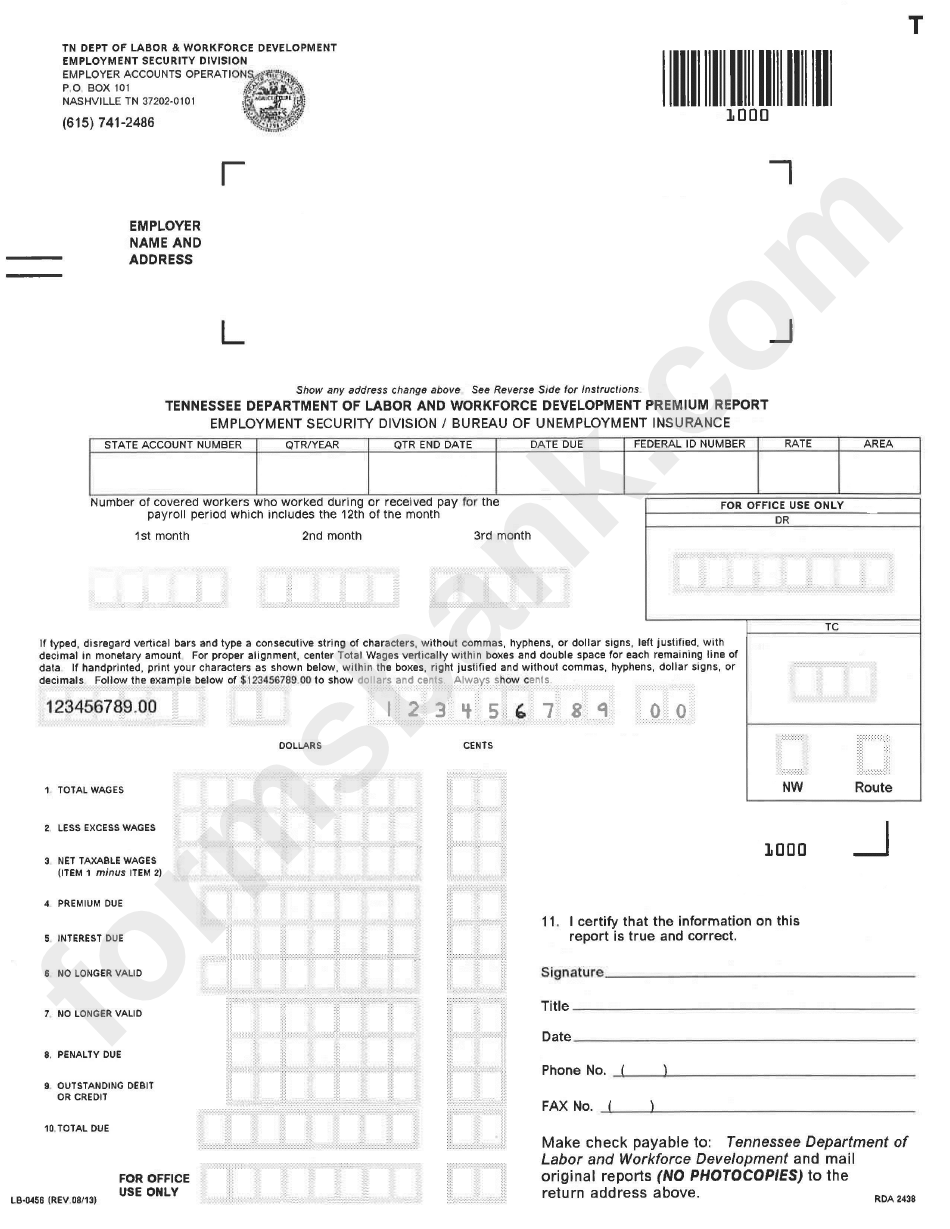 Form Lb-0456 - Tennessee Department Of Labor And Workforce Development Premium Report