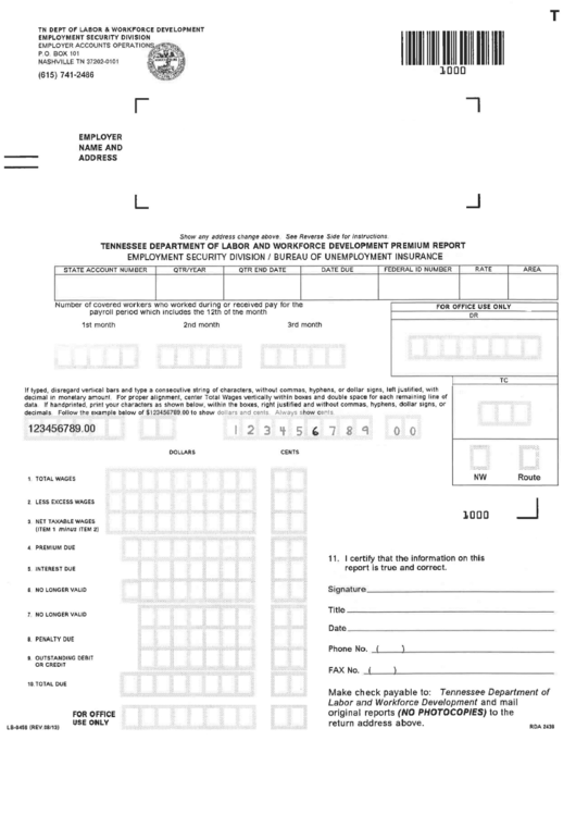 Fillable Form Lb-0456 - Tennessee Department Of Labor And Workforce Development Premium Report Printable pdf