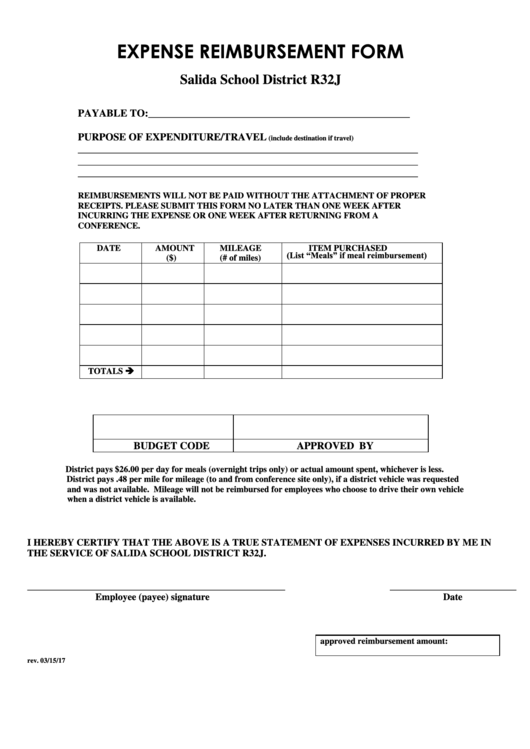 Expense Reimbursement Form Printable pdf