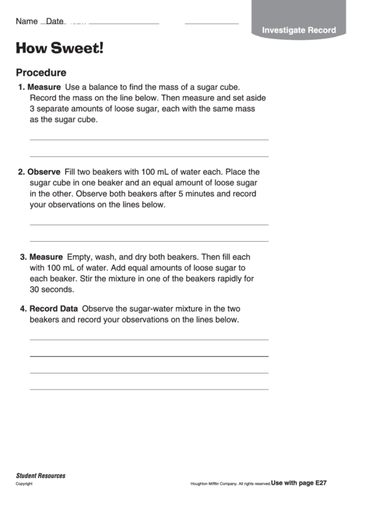 Chemistry Worksheet - How Sweet Printable pdf