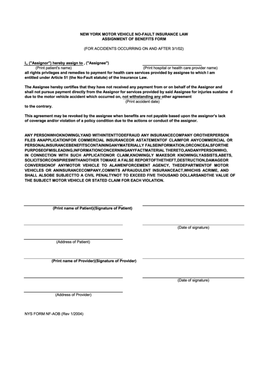 Nys Form Nf-Aob - New York Motor Vehicle No-Fault Insurance Law Assignment Of Benefits Printable pdf