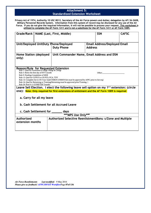 Fillable Standardized Extension Worksheet - Attachment 5 (Af Form 1411) Printable pdf