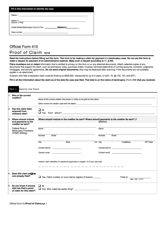 Fillable Official Form 410 Proof Of Claim United States Bankruptcy 