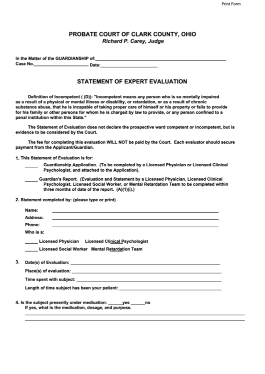 Statement Of Expert Evaluation - Probate Court Of Clark County, Ohio Printable pdf