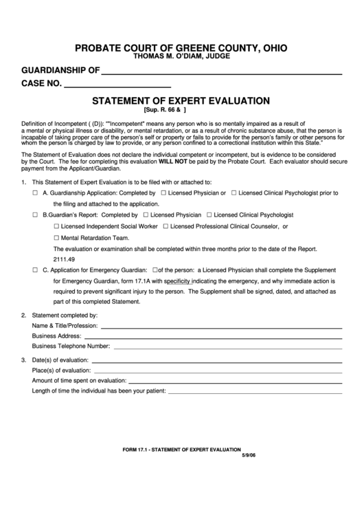 Fillable Form 17.1 - Statement Of Expert Evaluation - Probate Court Of Greene County, Ohio Printable pdf