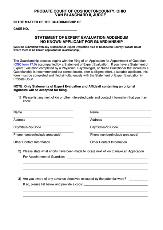 Fillable Statement Of Expert Evaluation Addendum No Known Applicant For Guardianship - Probate Court Of Coshocton County, Ohio Printable pdf