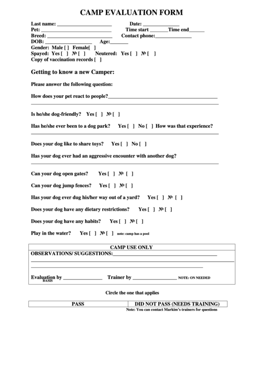 Camp Evaluation Form Printable pdf