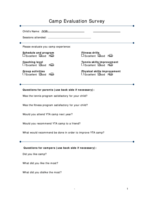 Camp Evaluation Survey Template Printable pdf