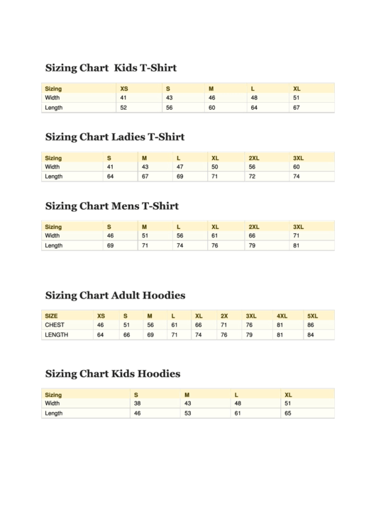 T-Shirt & Hoodies Size Chart Printable pdf