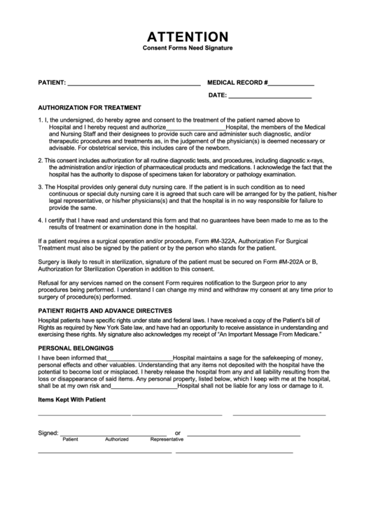 Authorization For Treatment Template Printable pdf