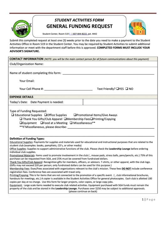 Fillable Student Activities Form General Funding Request Printable pdf