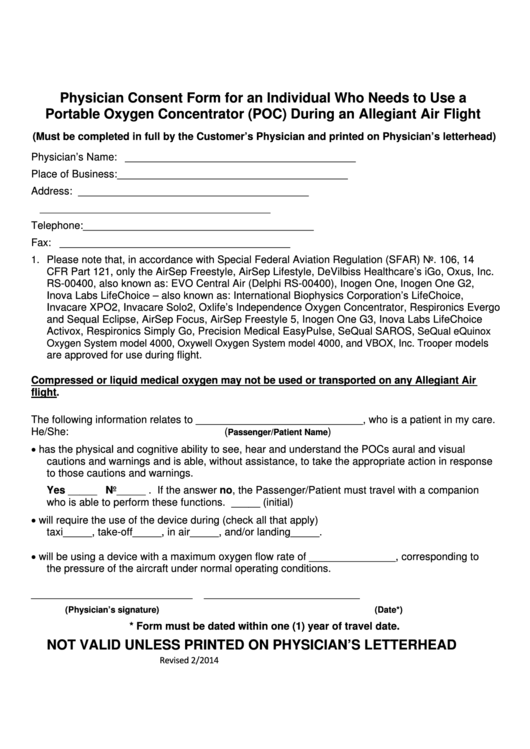 Physician Consent Form For An Individual Who Needs To Use A Portable Oxygen Concentrator (Poc) During An Allegiant Air Flight Printable pdf