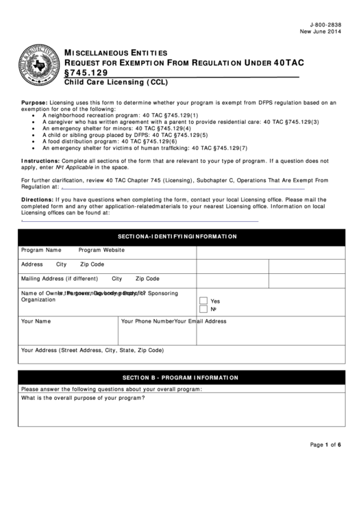Fillable Dfps Form J-800-2838 - Request For Exemption From Regulation Printable pdf