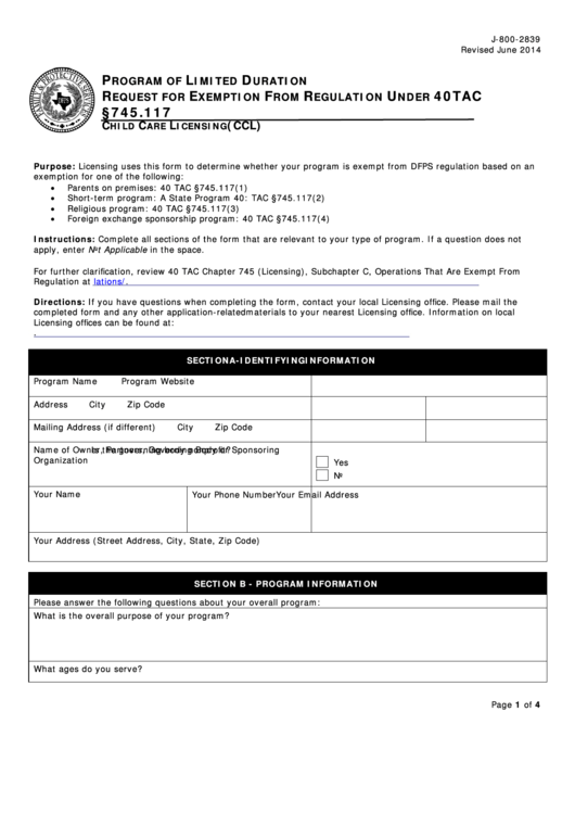 Fillable Dfps Form J-800-2839 - Request For Exemption From Regulation Printable pdf