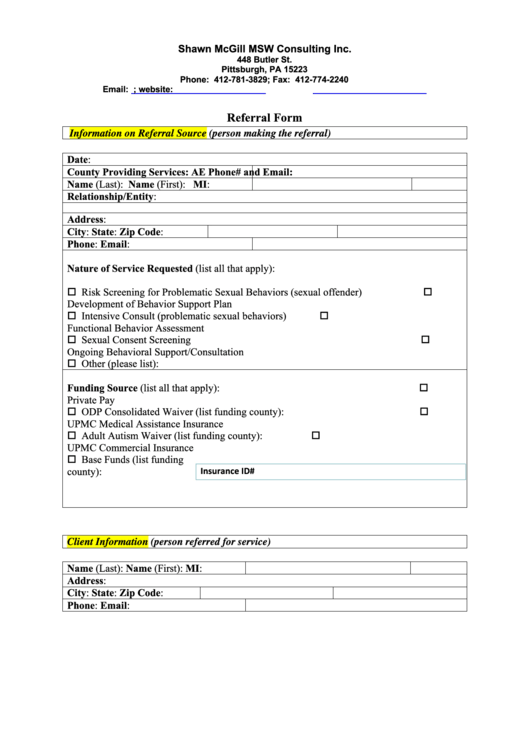 Referral Form - Shawn Mcgill Msw Consulting Printable pdf