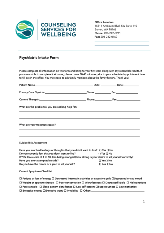 Psychiatric Intake Form Printable pdf