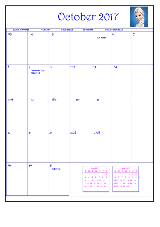 Disney Frozen October 2017 Calendar Template Printable pdf