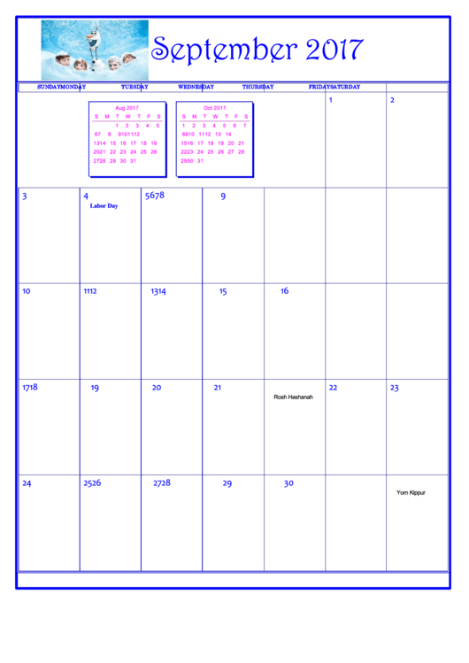 Disney Frozen September 2017 Calendar Template Printable pdf