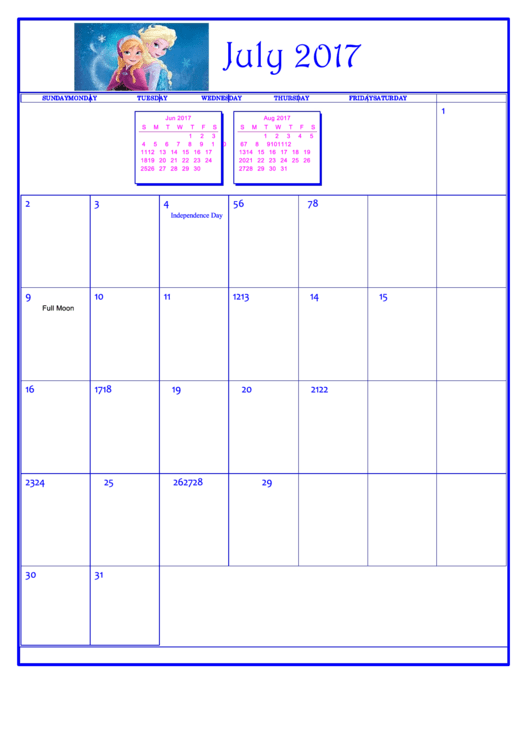 Disney Frozen July 2017 Calendar Template Printable pdf