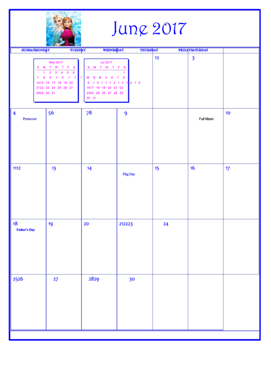 Disney Frozen June 2017 Calendar Template Printable pdf