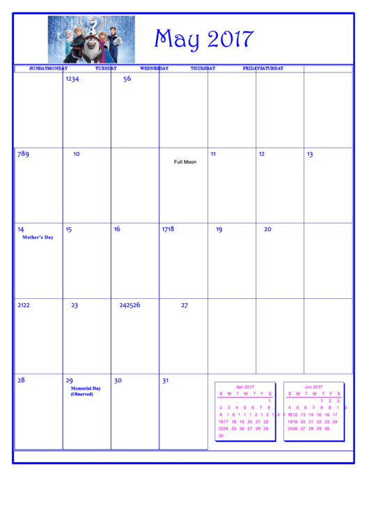 Disney Frozen May 2017 Calendar Template Printable pdf