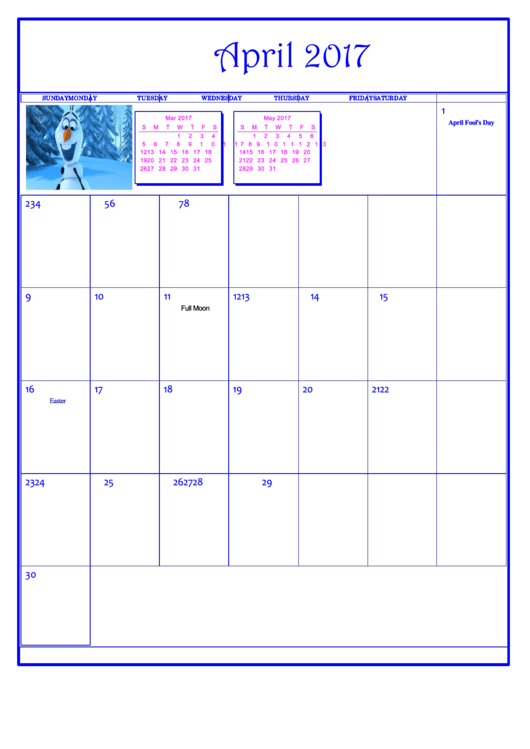 Disney Frozen April 2017 Calendar Template
