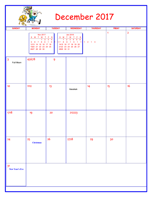 Adventure Time December 2017 Calendar Template Printable pdf