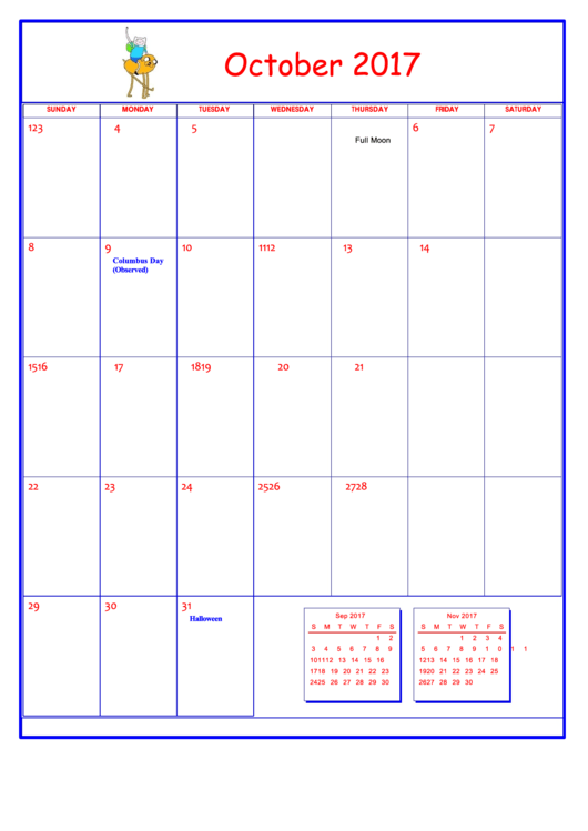Adventure Time October 2017 Calendar Template Printable pdf
