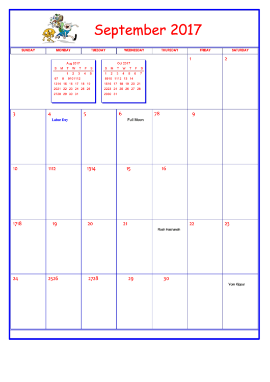 Adventure Time September 2017 Calendar Template Printable pdf