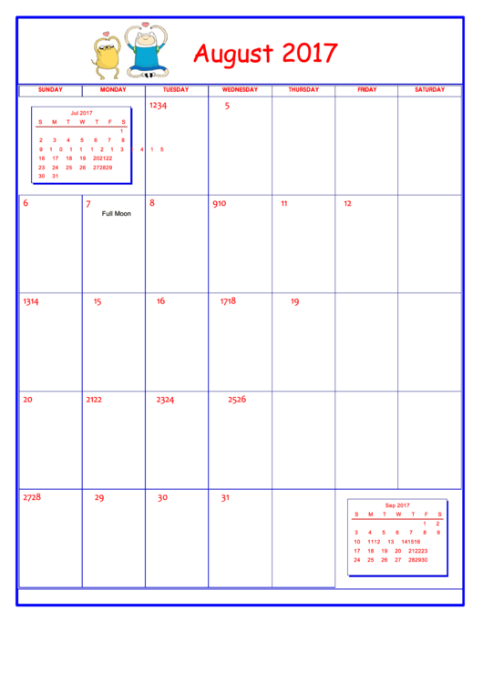 Adventure Time August 2017 Calendar Template Printable pdf