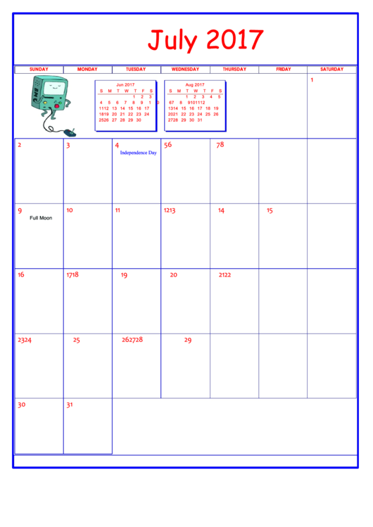Adventure Time July 2017 Calendar Template Printable pdf
