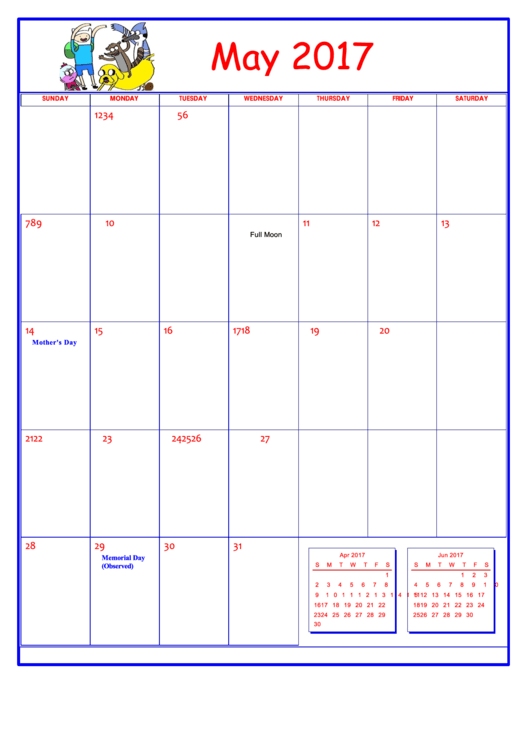 Adventure Time May 2017 Calendar Template Printable pdf