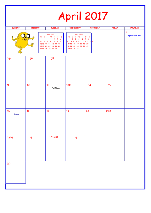 Adventure Time April 2017 Calendar Template