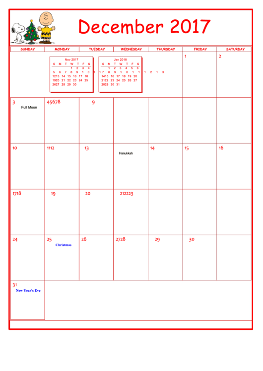 Peanuts December 2017 Calendar Template Printable pdf