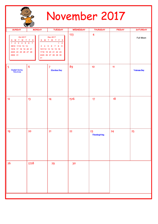 Peanuts November 2017 Calendar Template