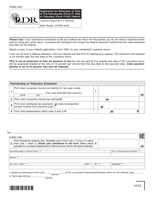 Fillable Form R-6466 - Application For Extension Of Time To File Partnership (Form It- 565) Or Fiduciary (Form It-541) Return - 2006 Printable pdf