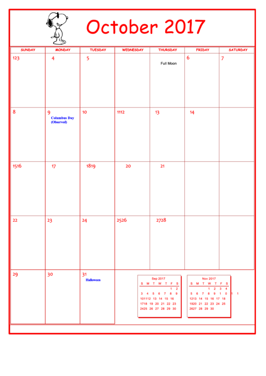 Peanuts October 2017 Calendar Template Printable pdf