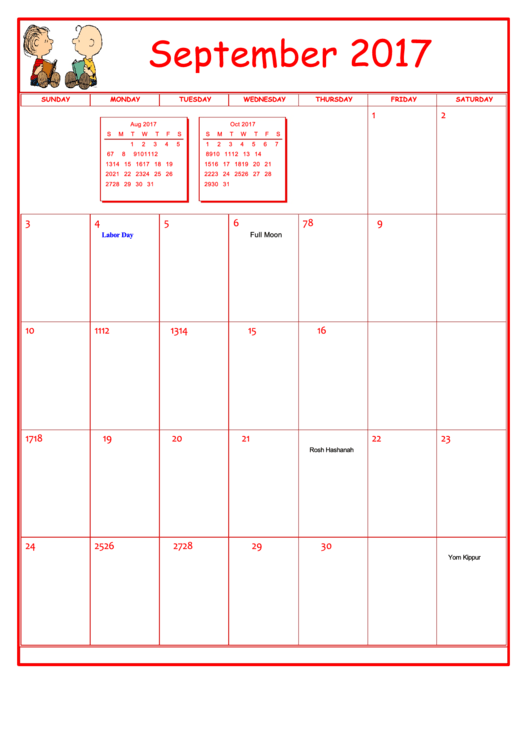Peanuts September 2017 Calendar Template Printable pdf