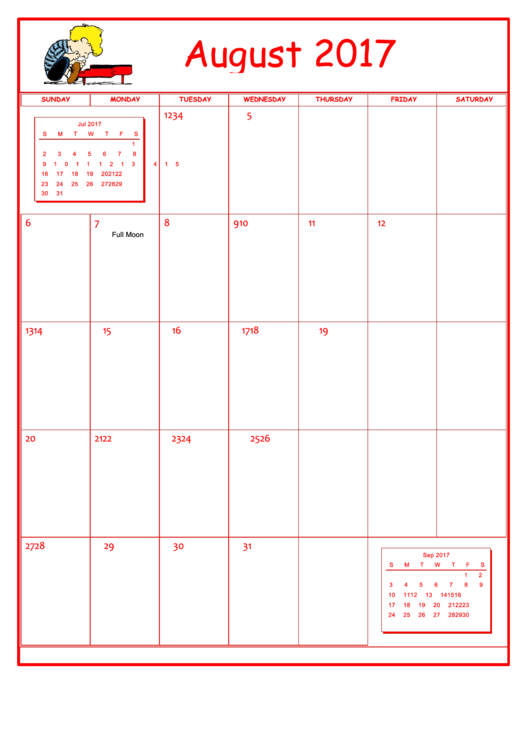 Peanuts August 2017 Calendar Template Printable pdf