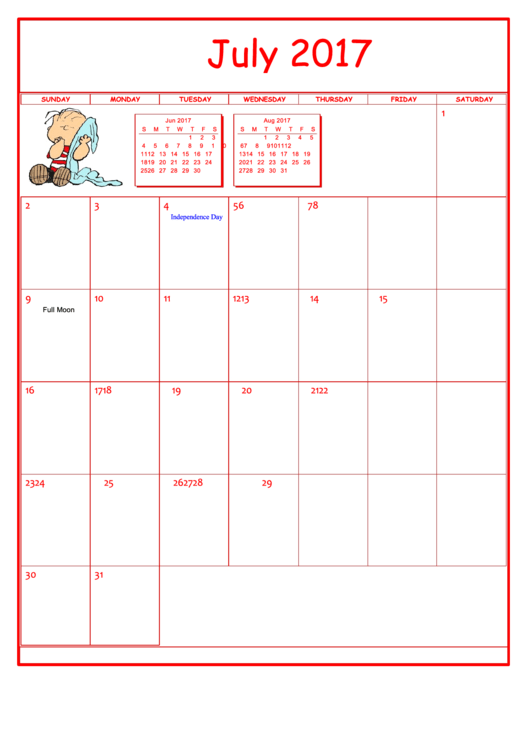 Peanuts July 2017 Calendar Template Printable pdf