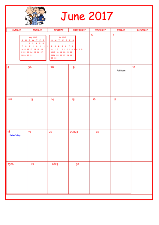 Peanuts June 2017 Calendar Template Printable pdf