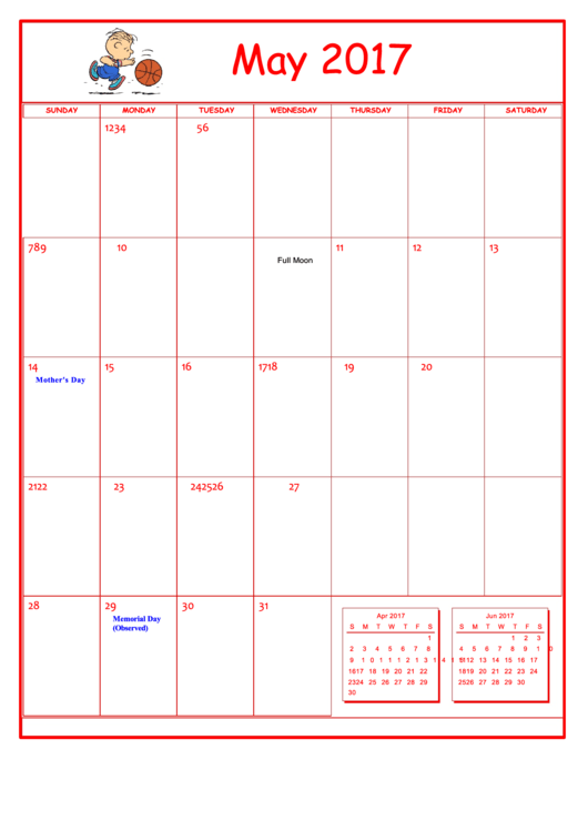 Peanuts May 2017 Calendar Template