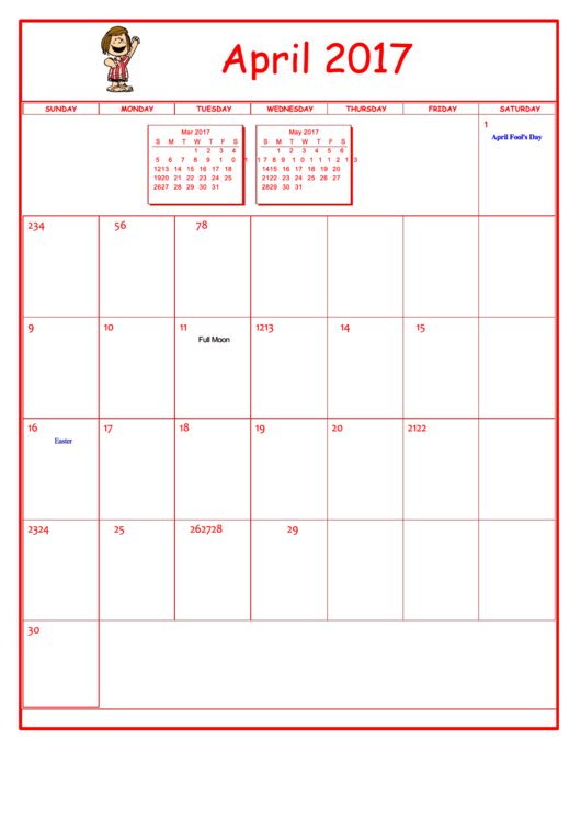 Peanuts April 2017 Calendar Template