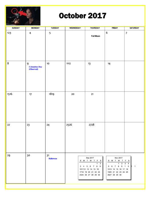 Star Wars October 2017 Calendar Template Printable pdf